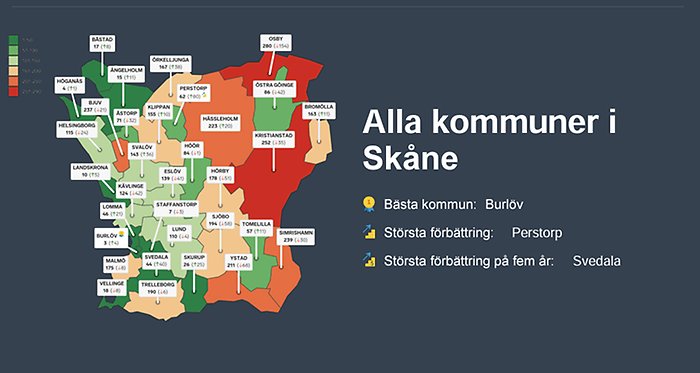 Bild som visar Skåens karta i olika färger med statistik över siffror i Närinmgslivsranking