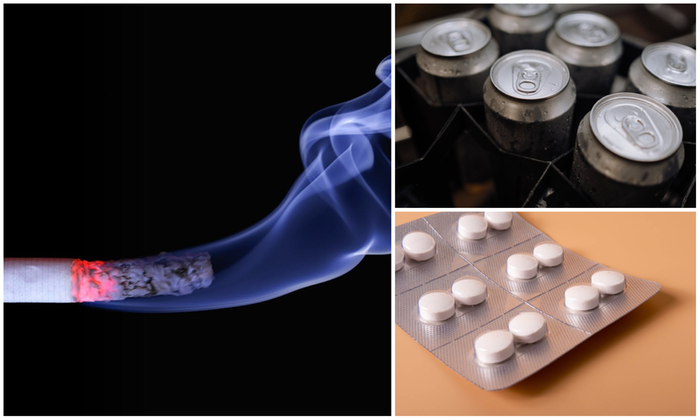 Bildcollage med tre bilder som visar cigarett, ölburkar och medicinförpackning