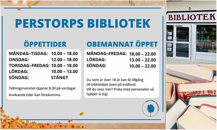 Bildcollage med information om bibliotekets öppettider samt exteriör biblioteket och böcker.