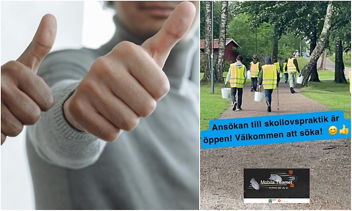 BIldcollage med två bilder som visar tummar i luften och ungdomar med reflexvästar. I den andra bilden står skrivet att ansökan till skollovspraktik är öppen. I nederkant ses även texten för Mobila Teamet.