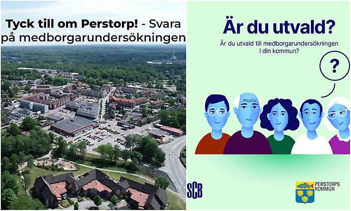 Bildcollage med två bilder föreställande Perstorp från ovan samt n bild med ljusgrön bakgrund med illustrerade figurer och text om SCB:s medborgarundersökning