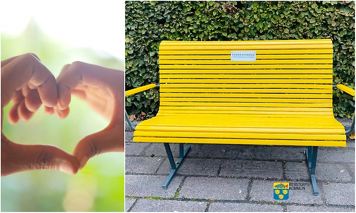 Bildcollage med två bilder som visar två händer som formar ett hjärta och en gul bänk på ett torg. Nedanför syns Perstorps kommuns logotyp.
