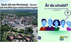 Bildcollage med två bilder föreställande Perstorp från ovan samt n bild med ljusgrön bakgrund med illustrerade figurer och text om SCB:s medborgarundersökning