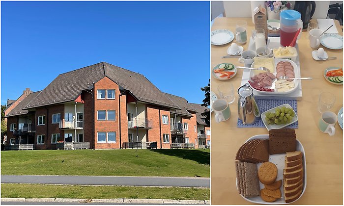 Bildcollage med två bilder som visar exteriör Österbo och en bild på frukostbuffé som serveras.