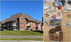 Bildcollage med två bilder som visar exteriör Österbo och en bild på frukostbuffé som serveras.