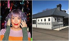 Bildcollage med två bilder där den första visar en kvinna med lila hår håller händerna vid öronen. Andra bilden visar exteriör Kulturhuset Perstorp