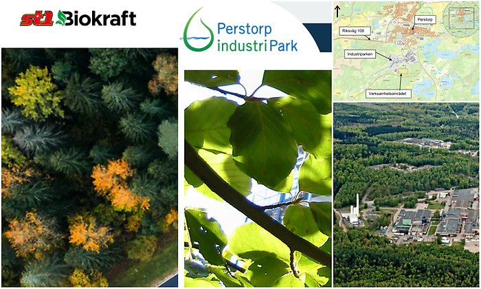 Bildcollage med skärmklipp från St1 och Perstorps industriparks webbplatser. DEssutom kartbild över området och vy över Perstorp Industripark.