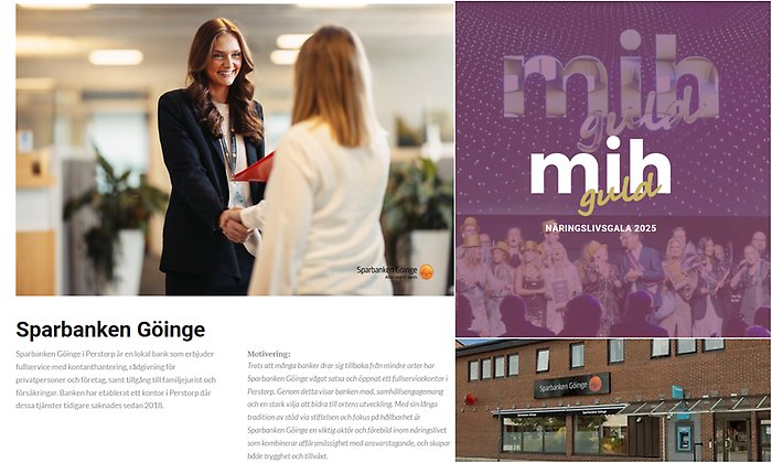 Bildcollage med skärmklipp från MiH.s webbplats för näringslivsgalan 2025.Tre bilder varav en visar exteriör Sparbanken Göinges kontor vid torget i Perstorp
