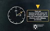 Dags för vintertid/normaltid. Natten till den 27 oktober är det dags att ställa tillbaka klockan en timme. Klockan ritad på griffeltavla med extra gul pil som visar att klockan ställs tillbaka från tre till två. I nedre högre hörnet ses Perstorps kommuns logotyp i vitt.