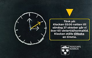 Dags för vintertid/normaltid. Natten till den 27 oktober är det dags att ställa tillbaka klockan en timme. Klockan ritad på griffeltavla med extra gul pil som visar att klockan ställs tillbaka från tre till två. I nedre högre hörnet ses Perstorps kommuns logotyp i vitt.