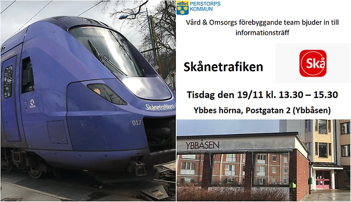 Bildcollage med tre bilder som visar ett lila pågatåg, ett skärmklipp med information om ett föredrag om Skånetrafiken samt en tredje bild på exteriör Ybbbåsen där föredraget äger rum den 19 november.