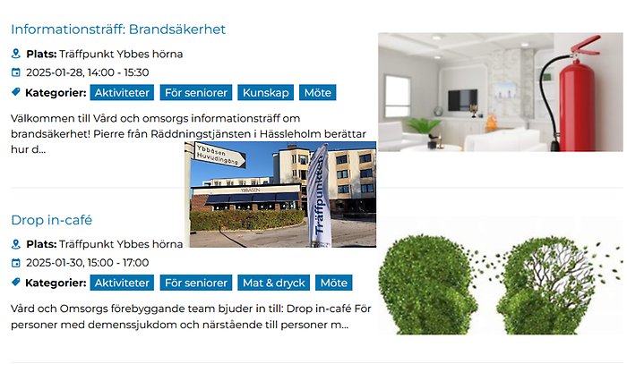 Skärmklipp från evenemangskalender Perstorps kommun. Infällt i bild, exteriör Ybbåsen på Postgatan 2 med en beachflagga i förgrunden på vilken det står Träffpunkten.