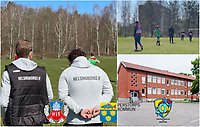 Bildcollage fotbollsprofil Cventralskolan Perstorp. Två personer står med ryggen mot kameran på ryggtavlan står Helsingborgs IF på deras jackvästar. Bild två visar fotbollspelare i aktion och den tredje bilden föreställer exteriör Centralskolan.