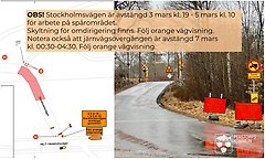 Bildcollage med information om att väg är avstängd 3 mars - 5 mars