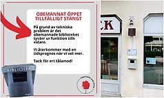 Bildcollage med två bilder där den första visar illustrerad och skriven information om att bibliotekets obemannade service är stängd på grund tekniska problem.