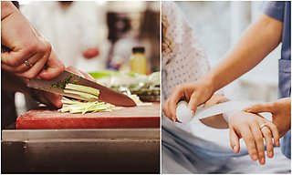 Bildcollage med två bilder på temat lediga jobb. Den första visar en hand som skär grönsaker och den andra en person som lägger bandage på handleden på en annan.