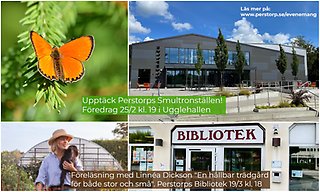 Bildcollage med fyra bilder som visar en fjäril, en kvinna i hatt som, bär en hund, exteriör Ugglehallen och exteriör biblioteket.- Med vit text på grön och beige bakgrund står information om två föredrag skrivet.