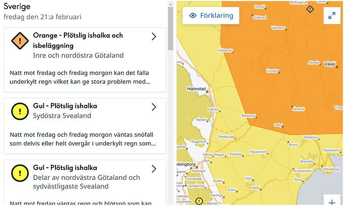 Skärmklipp från varningsmedelanden SMHI:s webbplats