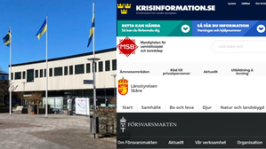 Bildcollage med Ukrtainaflagga på torget framför Centrumhuset samt skärmklipp från myndigheters webbplatser: Krisinformation, Försvarsmakten, MSB och Länsstyrelsen