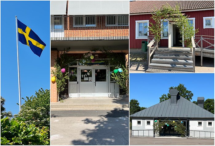 Bildcollage skolavslutning 2023. Fyra bilder där tre visar exteriör från Centralskolan medan den fjärde visar en svensk flagga med blå himmel som bakgrund.