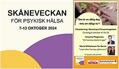 Bildcollage med två bilder som visar Skåneveckans logotyp i gult och lila med svart text 7-13 oktober samt en affisch med information om föresläning i Perstorps församlingshem.