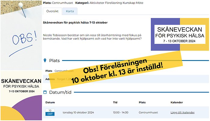 Collage med information om att intresserade behöver observera inställd föreläsning 10 oktober under Skåneveckan i Perstorp