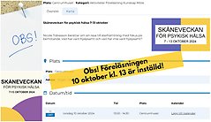 Collage med information om att intresserade behöver observera inställd föreläsning 10 oktober under Skåneveckan i Perstorp