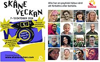 Bildcollage med en illustrerad affisch med en kamera och stjärnor i vilken det står information om Skåneveckan för psykisk hälsa 7-13 oktober. Färgerna på bilden är vit, blålila och gul. Region Skånes logotyp i vitt syns också. Bild nummer två i collage är en samlingsbild med flera porträttfoton på personer i färg. I övre högra hörnet ses Region Skånes logotyp i färg.