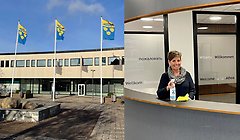 Bildcollage med två bilder där den ena visar exteriör Centrumhuset och den andra visar Marie Nilsson som visar städprodukten Zwater