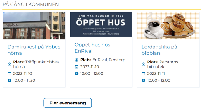 Skärmklipp från webbplatsen perstorp.se med tips på evenemang.