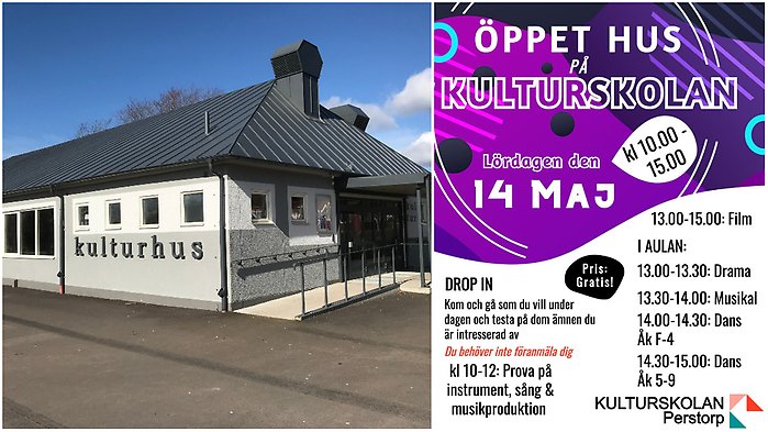 Bildcollage med exteriörbild på Kulturskolan samt information om öppet hus lördag 14 maj.