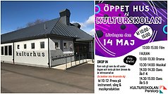 Bildcollage med exteriörbild på Kulturskolan samt information om öppet hus lördag 14 maj.