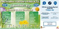Bildcollage med information från Företagarna i Perstorps om program Vårfest 2022. Dessutom information på flera språk om möjligheten till drop-in vaccination på torget.