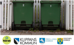 Gröna avfallskärl med logotypen för Nårab samt komunloggorna för Klippan, Örkelljunga och Perstorp.