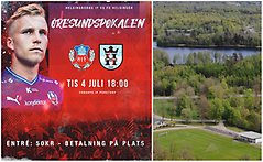 Bildcollage med två bilder där den till vänster är ett montage med en fotbollsspelare från Helsingborgs IF samt information om match mellan Helsingborgs IF och Helsingör den 4 juli. Den andra bilden är en flygbild över Ybbarps IP där matchen spelas.