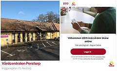 Bildcollage vårdcentralen i Perstorp tillsammans med skärmklipp om Region Skånes digitala primärvården online. I bildens nedarkant även adressuppgifter till vårdceltaen samt Region Skånes logotyp.