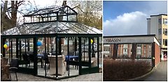 Bioldcollage med två bilder: Orangeriet vid ybbåsen samt exteriär Ybbåsen på Postgatan i Perstorp.