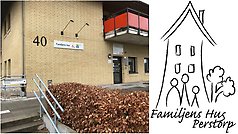 Bildcollage Familjens hus exteriör på Stockholmsvägen 40 och Familjens Hus logotyp.