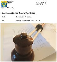 Kommunfullmäktige sammanträder klockan 18 i lokalen Karpen på Kommunhuset 25 september 2019.