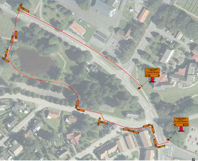 Karta över omledning gång- cykeltrafik under tiden en vägtrumma på Oderljungavägen byts.