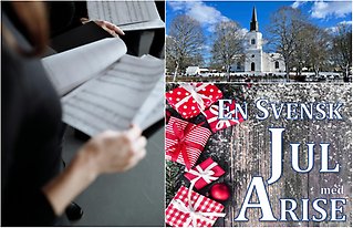 Bildcollage med tre bilder som visar körsångare som tittar i nöter, exteriör Oderljunga kyrka vintertid samt en affisch med julmotiv på viken det står en Svensk jul med Arise.