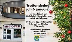 Bildcollage med tre bilder som visar kundtjänst, exteriör biblioteket samt en bild med jultema på vilken information står att att kundtjänst och biblioteket är stängt 6 januari.