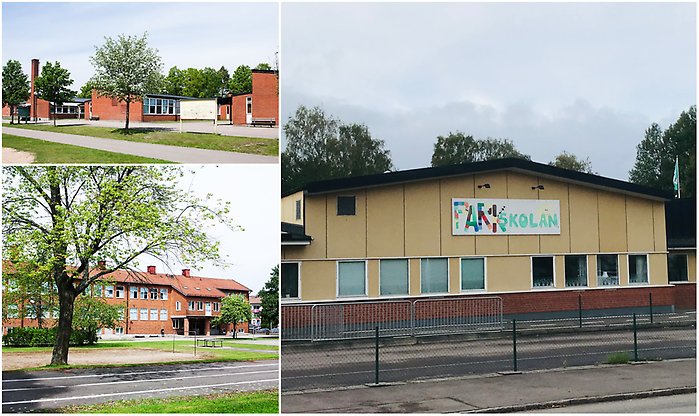 Bildcollage med tre bilder som visar exteriör kommunens grundskolor, Norra Lyckan, Centralskolan och Parkskolan