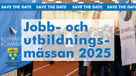 Bild med informationstext skriven med blå text på vit bakgrund "Jobb- och utbildningsmässan 2025". I vänsterkant ses logotyperna för Klippans och Perstorps kommuner.