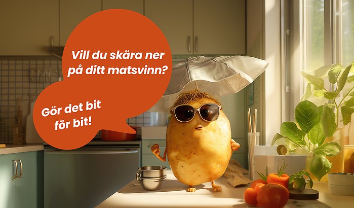 Potist med solglasögon och solhatt står på bord. I En orange pratbubbla med vit text står det vill du skära ner på ditt matsvinn? Gör det bit för bit. Kampanj Livsmedelsverket.
