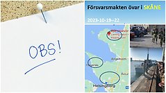 Bildcollage försvarsmakten övar i Skåne. Flera bilder där en visar texten obs, två andra visar militärer i aktion och en fjärde visar kartbilder över övningsområde.