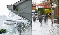 Bildtext med två bilder som visar skyfallsliknande regn. PÅ den första rinner det över från en hängränna och den andra visar stora mängder vatten som når högt på parkbänk och cykelställ.