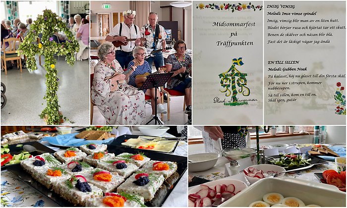 Bildcollage med sex bilder från midsommarfest på Träffpunkten Ybbes hörna. Bilderna visar silltårta, sånghäfte, midsommarstång och orkester.