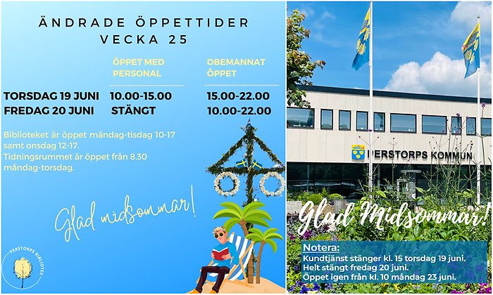 Bildcollage med två bilder som visar illustrerad information om bibliotekets öppettider samt exteriör Centrumhuset med text om Kundtjänsts öppettider över midsommar.