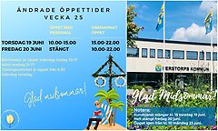 Bidcollage med två bilder som visar illustrerad information om bibliotekets öppettider samt exteriör Centrumhuset med text om Kundtjänsts öppettider över midsommar.